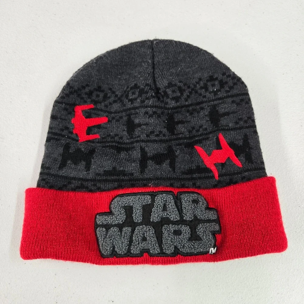 Star Wars‎ Men Hat OS Red Chenille Patch Logo Knit Beanie Foldover